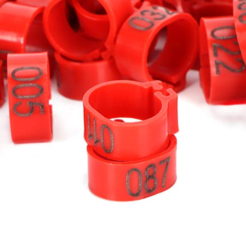 Astibym Bird Clip, 100Pcs Plastic Pigeons Identify Reusable Easy to Use Pigeons Leg Bands 001‑100 Numbered for Parrots(10mm red with Word Ring)