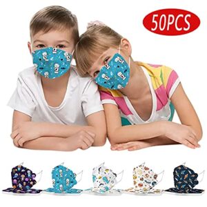 HEALT 50Pcs Kids Disposable Face_Masks with Designs ,4-Ply Printed 4D Facemasks with Nose Wire for Boys Girls School Outdoor (KF_94_Kid, Space_1) 50 Count (Pack of 1)