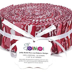 Soimoi 40Pcs Floral Artistic Print Precut Fabrics Strips Roll Up 1.5x42inches Cotton Jelly Rolls for Quilting - Red