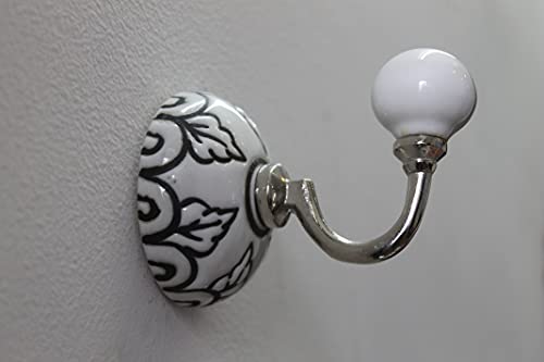 PARIJAT HANDICRAFT Hand Painted Black and White Leaf Beautiful Colored deign Floral Ceramic Wall Hook Hanger Key Holder hat Clothes hangings Bath Towel Hook Hanger