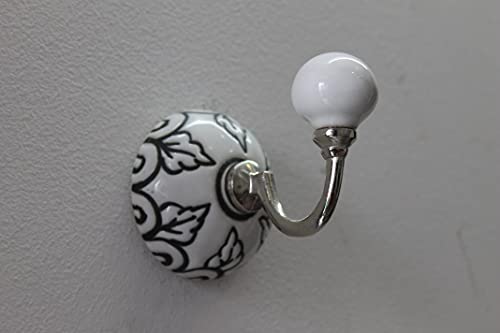 PARIJAT HANDICRAFT Hand Painted Black and White Leaf Beautiful Colored deign Floral Ceramic Wall Hook Hanger Key Holder hat Clothes hangings Bath Towel Hook Hanger