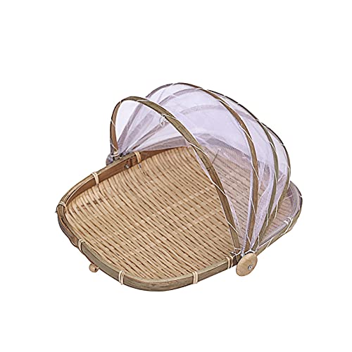 13" Rectangular Bamboo Serving Food Tent Basket Picnic Basket Fruit Basket with net Cover Insect Proof