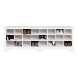 pemberly row 60" wide 24-pair shoe cubby bench, shoe rack, shoe storage for entryway, mudroom, hallway, closet and garage, white