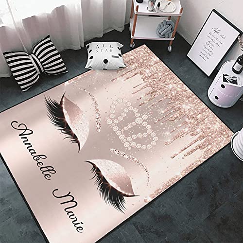 Personalized Rose Gold Eyelash Area Rug with Name Custom Non-Slip Carpets Floor Mat for Bedroom Living Room Home Decoration 5.2'x7.5'