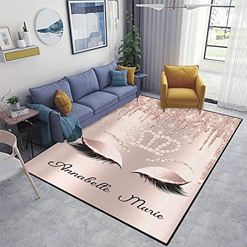 Personalized Rose Gold Eyelash Area Rug with Name Custom Non-Slip Carpets Floor Mat for Bedroom Living Room Home Decoration 5.2'x7.5'