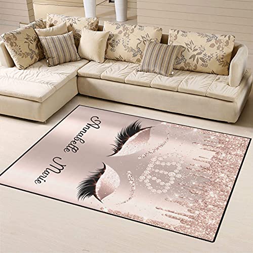 Personalized Rose Gold Eyelash Area Rug with Name Custom Non-Slip Carpets Floor Mat for Bedroom Living Room Home Decoration 5.2'x7.5'