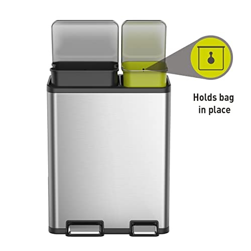 EKO EcoCasa Stainless Steel Dual Compartment Recycling Step Trash Can 30L+20L, (EK9128MT-30L+20L)