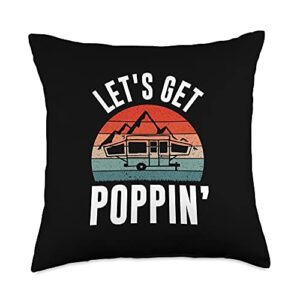 king and queen of the camper gift shop vintage retro let's get poppin' camping rv pop up camper throw pillow, 18x18, multicolor