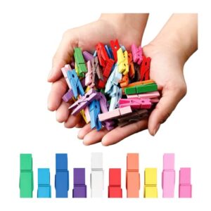 colorful clothespins, mini clothes pins for photo, 1.4'' 100 pcs natural birchwood colored clothespins, strong springs mini clothespins with storage bag,mini clothes pins for crafts, pictures, arts