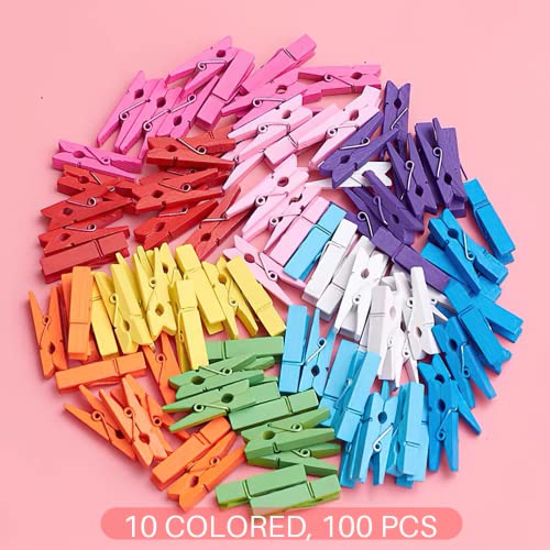 Colorful Clothespins, Mini Clothes Pins for Photo, 1.4'' 100 PCS Natural Birchwood Colored Clothespins, Strong Springs Mini Clothespins with Storage Bag,Mini Clothes Pins for Crafts, Pictures, Arts