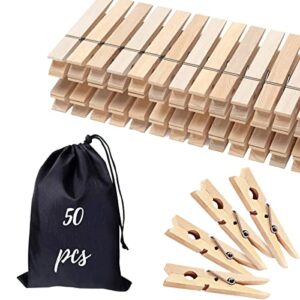 clothes pins wooden clothespins, 50 pcs 2.9" natural birchwood clothing pins, strong springs wood close pins with storage bag, wooden clothespins for laundry, hanging clothes, classroom, crafts
