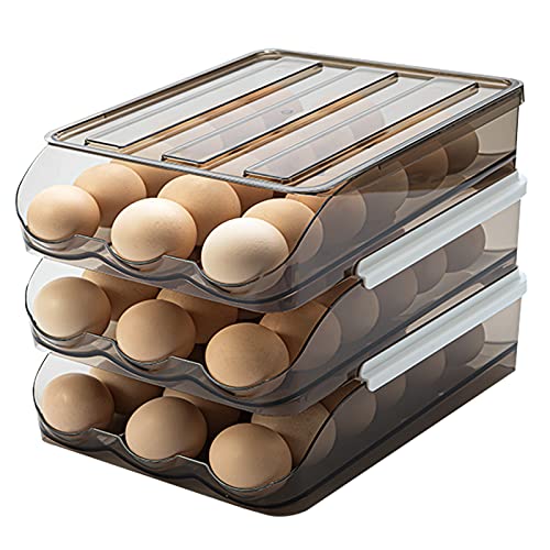 Egg Holder for Refrigerator Auto Scrolling Organizer Plastic Stackable Storage Container Reusable Clear Tray Box Basket Bin Lid Drawer Carrier Keeper(3 Layer)