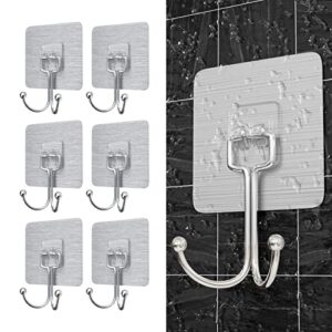 booda brand adhesive hooks 30lbs max heavy duty double wall hooks for hanging no damage, waterproof & rustproof stainless towel hooks for bathroom, kitchen home and office (6, large)