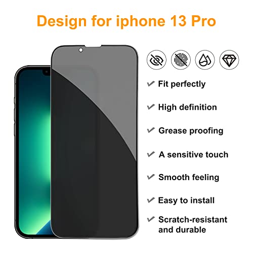 Pehael [2+2 Pack] iPhone 13 Pro Privacy Screen Protector with Camera Lens Protector Full Coverage Anti-Spy Tempered Glass Film 9H Hardness Upgrade Edge Protection Easy Installation Bubble Free [6.1 inch]