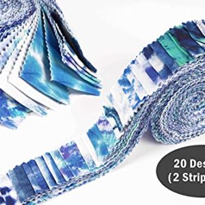 Soimoi 40Pcs Tie Dye Print Precut Fabrics Strips Roll Up 1.5x42inches Cotton Jelly Rolls for Quilting - Blue