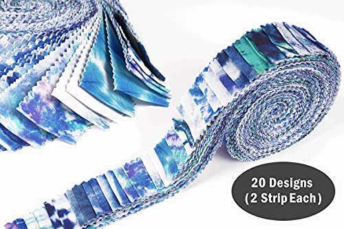 Soimoi 40Pcs Tie Dye Print Precut Fabrics Strips Roll Up 1.5x42inches Cotton Jelly Rolls for Quilting - Blue