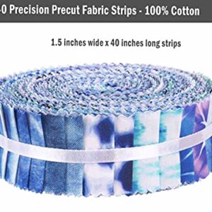 Soimoi 40Pcs Tie Dye Print Precut Fabrics Strips Roll Up 1.5x42inches Cotton Jelly Rolls for Quilting - Blue