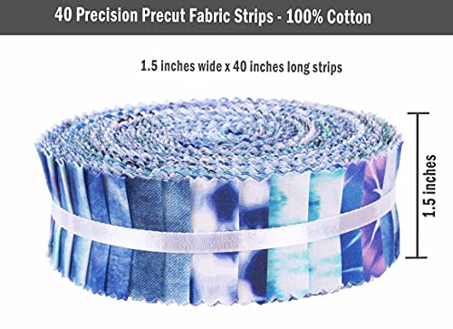 Soimoi 40Pcs Tie Dye Print Precut Fabrics Strips Roll Up 1.5x42inches Cotton Jelly Rolls for Quilting - Blue