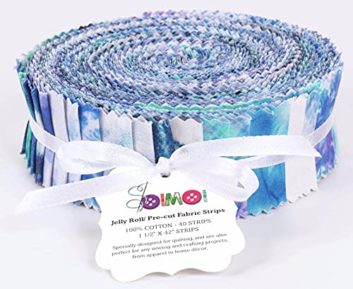 Soimoi 40Pcs Tie Dye Print Precut Fabrics Strips Roll Up 1.5x42inches Cotton Jelly Rolls for Quilting - Blue