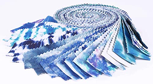 Soimoi 40Pcs Tie Dye Print Precut Fabrics Strips Roll Up 1.5x42inches Cotton Jelly Rolls for Quilting - Blue