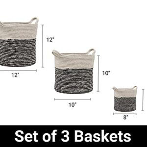 Super Area Rugs Farmhouse Plant Basket/Planter Multi Purpose Open Top Bin with Handles, Cotton Rope Basket, 8-inch, 10-inch and 12-inch Black & White