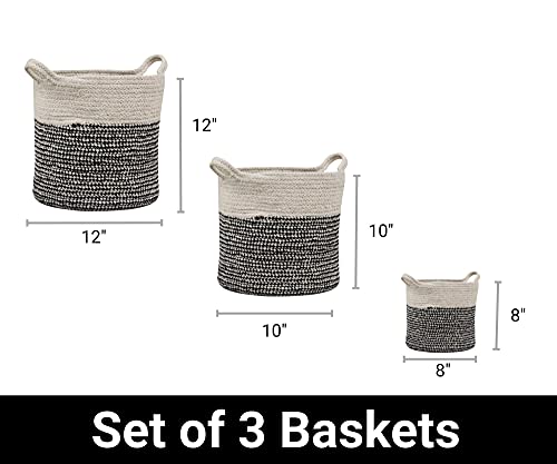 Super Area Rugs Farmhouse Plant Basket/Planter Multi Purpose Open Top Bin with Handles, Cotton Rope Basket, 8-inch, 10-inch and 12-inch Black & White