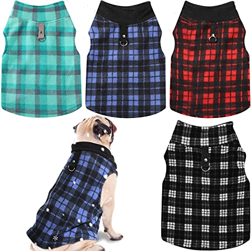 4 Pieces Winter Fabric Dog Sweater with Leash Ring Fleece Vest Dog Pullover Jacket Warm Pet Dog Clothes for Puppy Small Dogs Cat Chihuahua Boy (Plaid Pattern, M)