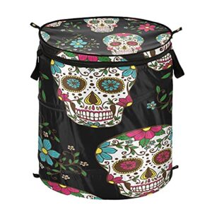 xigua sugar skull flower popup laundry hamper, foldable portable dirty clothes basket with zipper lid, dirty clothes hamper for bedroom, kids room, dormitory