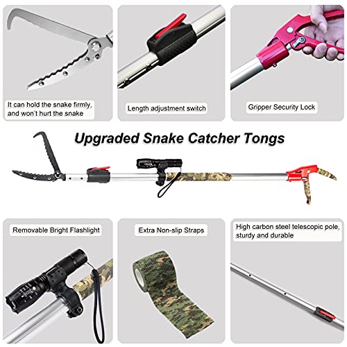 Surnuo 60 inch Heavy Duty Snake Tongs with Telescopic Pole Reptile Grabber Catcher Wide Jaw Handling Tool, Extra Flashlight & Non-slip Straps Included