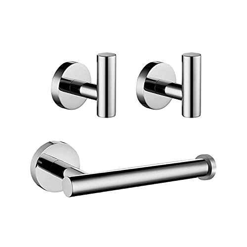 Polished Chrome Bathroom Hardware Set 3 Pieces SUS304 Stainless Steel Round Wall Mounted Set Including Toilet Paper Holder, Robe Towel Hooks,Bathroom Accessories Kit