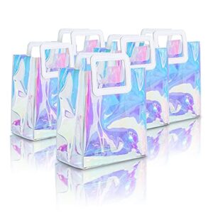 r-lomu 5pcs clear iridescent reusable gift bag 11 x 9.8 x 5.1 inches holographic large handbag gift wrap bags pvc with handle for party,birthday,christmas,travel, festival,wedding, shopping