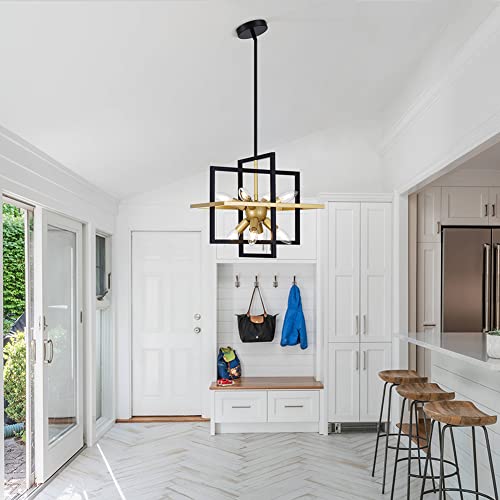 Yasince Small Metal Lantern Chandeliers, 8-Light Modern Geometric Pendant Light Fixture, Industrial Black and Champagne Gold Hanging Chandelier for Living Room Kitchen Island Foyer Hallway Farmhouse