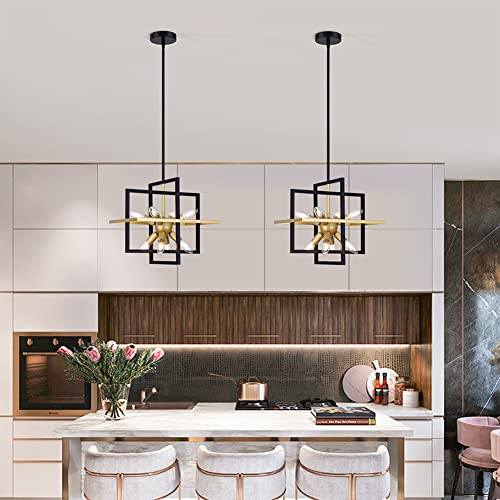 Yasince Small Metal Lantern Chandeliers, 8-Light Modern Geometric Pendant Light Fixture, Industrial Black and Champagne Gold Hanging Chandelier for Living Room Kitchen Island Foyer Hallway Farmhouse