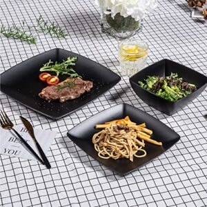 Melamine 12pcs Classic Square Dinnerware Set, Concise Plates and Bowls Set, Service for 4, Dishwasher Safe (Black)