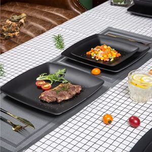 Melamine 12pcs Classic Square Dinnerware Set, Concise Plates and Bowls Set, Service for 4, Dishwasher Safe (Black)