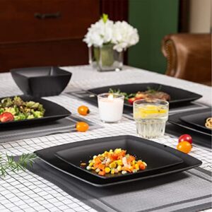 Melamine 12pcs Classic Square Dinnerware Set, Concise Plates and Bowls Set, Service for 4, Dishwasher Safe (Black)