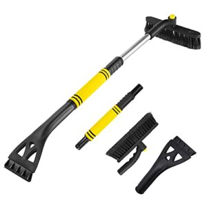 yemei 35" extendable car snow brush with squeegee，brush supports 360 degree rotation，retractable snow shovel with foam grip ,for small car truck suv + ice scraper yellow
