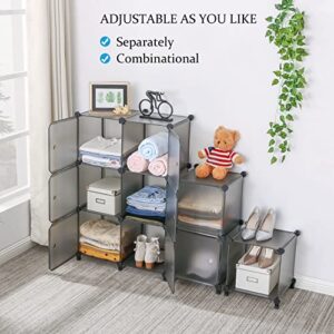 ANWBROAD Cube Storage Organizer, 9-Cube Modular DIY Book Shelf with Doors, Closet Clothes Organizer, Plastic Storage Cubbies Cabinet for Living Room Bedroom Office Gray ULCS09HM