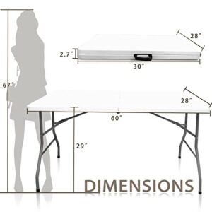 Bi-Fold Plastic Folding Table, 5 FT Folding Table, Plastic Portable Tables for Dining Parties Card Picnic Camping, Granite White