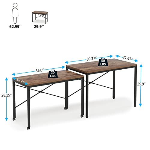Tribesigns Two Person Computer Desk Double, 39" Simple Small Desks for Small Spaces, Large Writing Workstation + Modern Mini Table on Wheels Lockable, Home Office Desks for Bedroom Farmhouse Brown