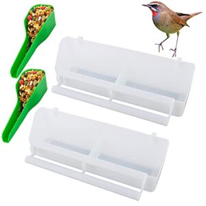 2 pcs bird plastic double slot feeder, pigeon food and water feeder cup, cage standing frame feeder with 2 plastic food spoon