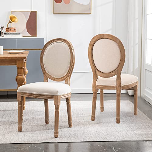 XRHOM Dining Chairs French Upholstered Farmhouse Dining Room Chairs Linen Fabric Round Backrest Carving Solid rubberwood Leg for Bedroom Kitchen Restaurant Chairs, Set of 2, Beige