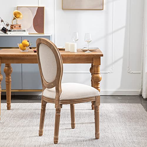 XRHOM Dining Chairs French Upholstered Farmhouse Dining Room Chairs Linen Fabric Round Backrest Carving Solid rubberwood Leg for Bedroom Kitchen Restaurant Chairs, Set of 2, Beige