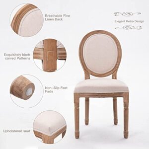 XRHOM Dining Chairs French Upholstered Farmhouse Dining Room Chairs Linen Fabric Round Backrest Carving Solid rubberwood Leg for Bedroom Kitchen Restaurant Chairs, Set of 2, Beige