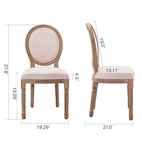 XRHOM Dining Chairs French Upholstered Farmhouse Dining Room Chairs Linen Fabric Round Backrest Carving Solid rubberwood Leg for Bedroom Kitchen Restaurant Chairs, Set of 2, Beige