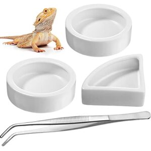 4 pieces reptile food water bowl set, includes 2 reptile round food dish 1 corner water dish and 1 feeding tongs for reptile bearded dragon chameleon lizard hermit crab gecko tortoise spider pet