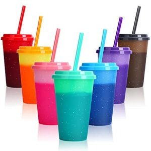 color changing cups with lids & straws - 7 pack 12 oz reusable cute plastic tumbler bulk - kids small funny travel straw tumblers/adults iced cold drinking party cup