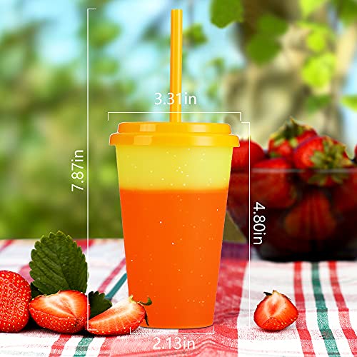 Color Changing Cups with Lids & Straws - 7 Pack 12 oz Reusable Cute Plastic Tumbler Bulk - Kids Small Funny Travel Straw Tumblers/Adults Iced Cold Drinking Party Cup