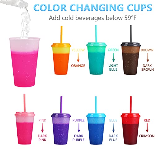 Color Changing Cups with Lids & Straws - 7 Pack 12 oz Reusable Cute Plastic Tumbler Bulk - Kids Small Funny Travel Straw Tumblers/Adults Iced Cold Drinking Party Cup