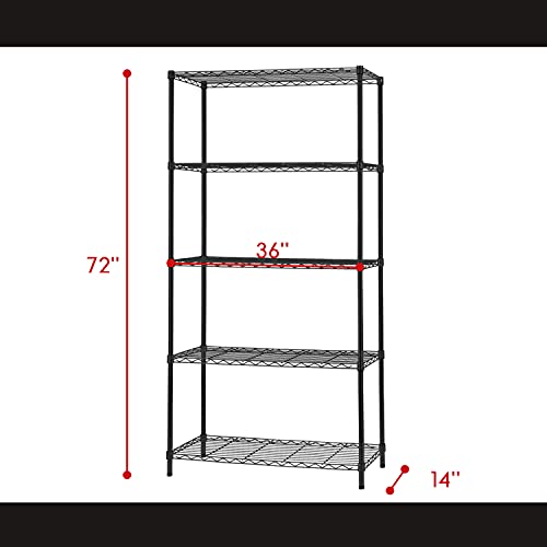 5 Tier Wire Shelving Unit 72"x36"x14"Storage Shelves Metal Wire Shelf Storage Rack Adjustable Commercial Organizer Heavy Duty Layer Unit for Restaurant Garage Pantry Kitchen Office (Black)